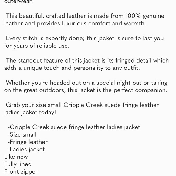 Cripple creek leather suede fringe western jacket leather lacing RTL $395 S VGUC - Picture 10 of 10
